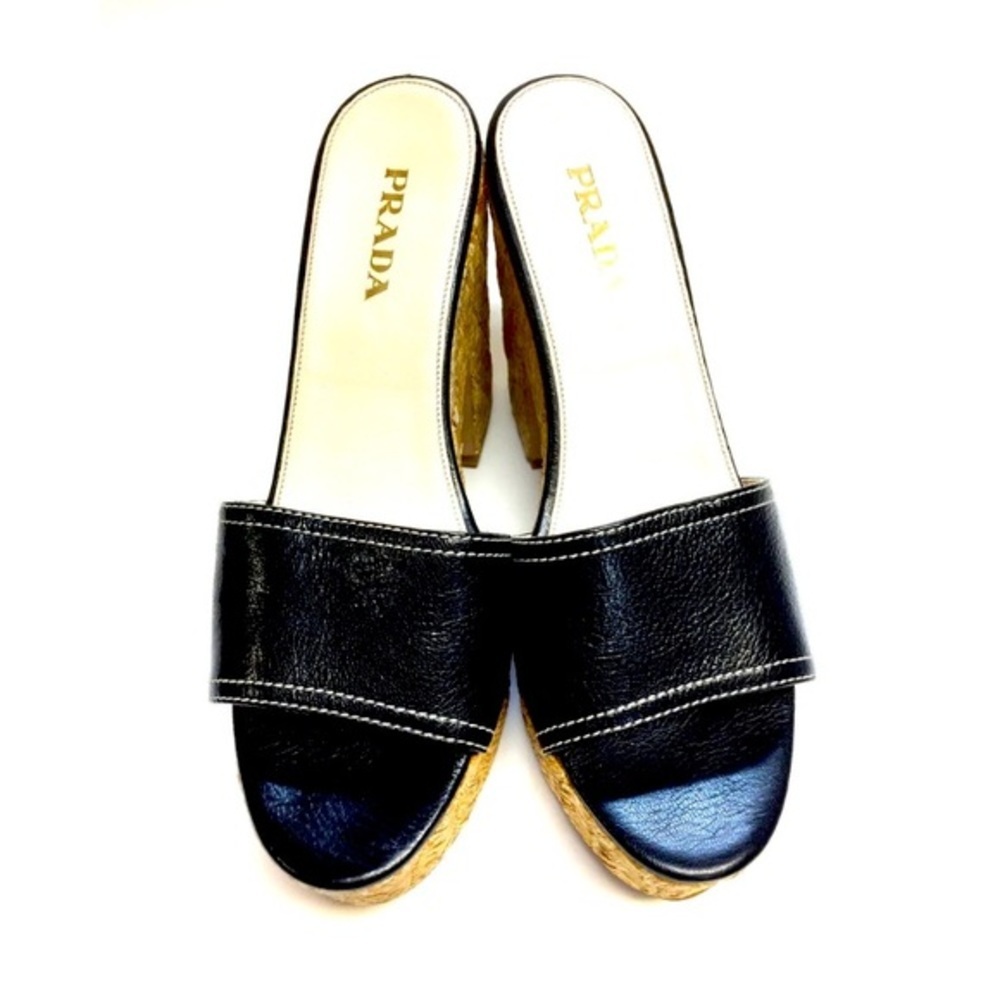 Prada Black Leather with Straw Platform Shoe Size 35 - Picture 2 of 8